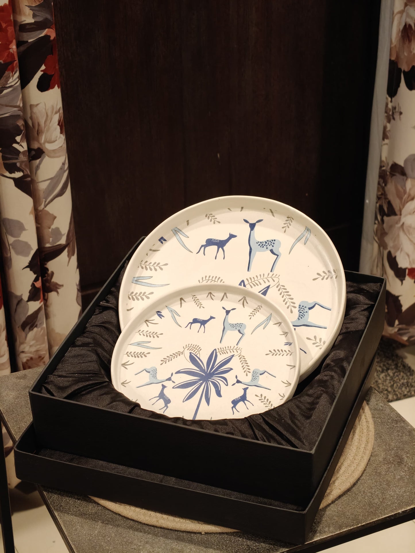 Blue Deer & Foliage Print Platters Set of 2