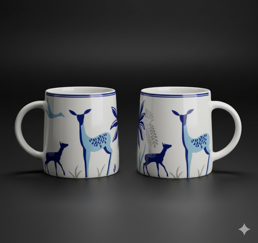 Blue Deer & Foliage Print Coffee Mug set of 2