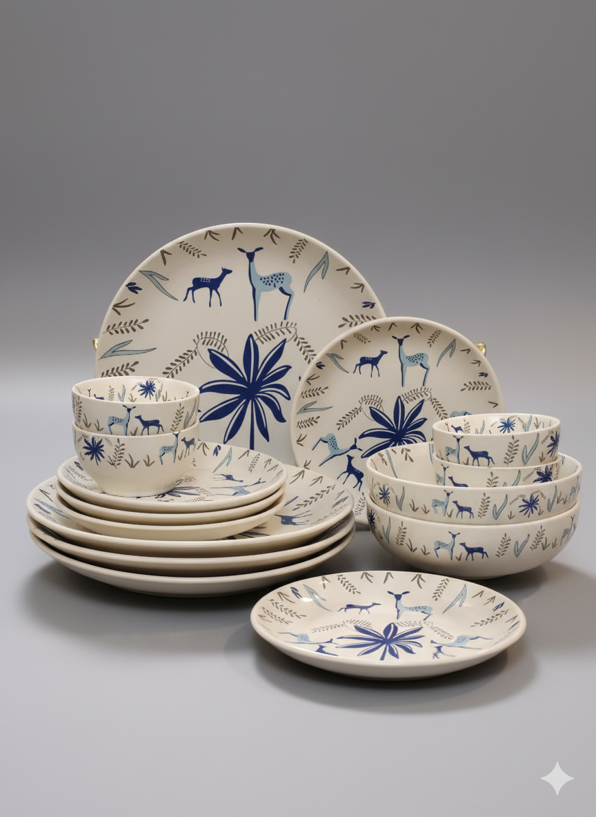 Blue Deer & Foliage Print Stoneware Dinner Set 14 Pcs