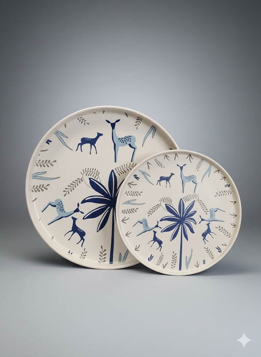 Blue Deer & Foliage Print Platters Set of 2