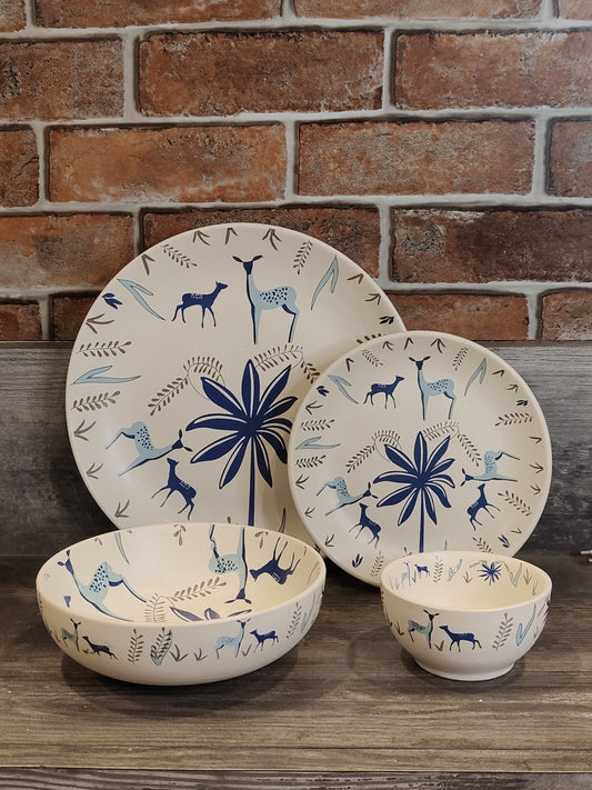 Blue Deer & Foliage Print Stoneware Dinner Set 14 Pcs