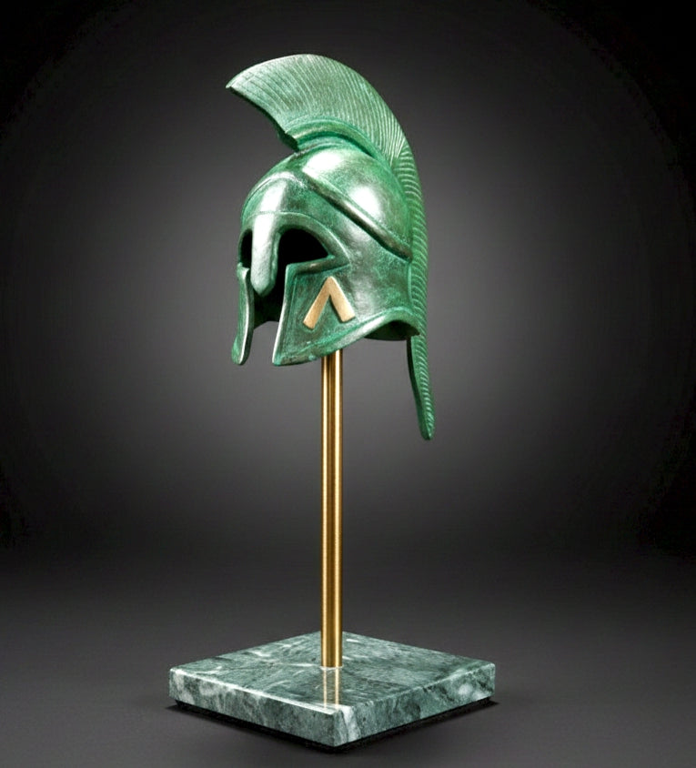 Greek Helmet Decor with Stand Brass Patina finish