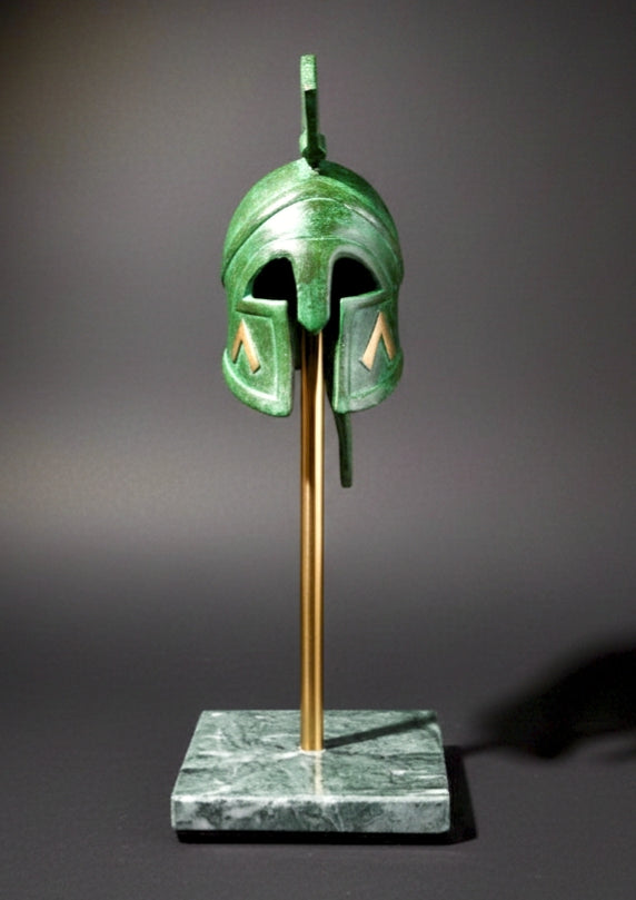 Greek Helmet Decor with Stand Brass Patina finish