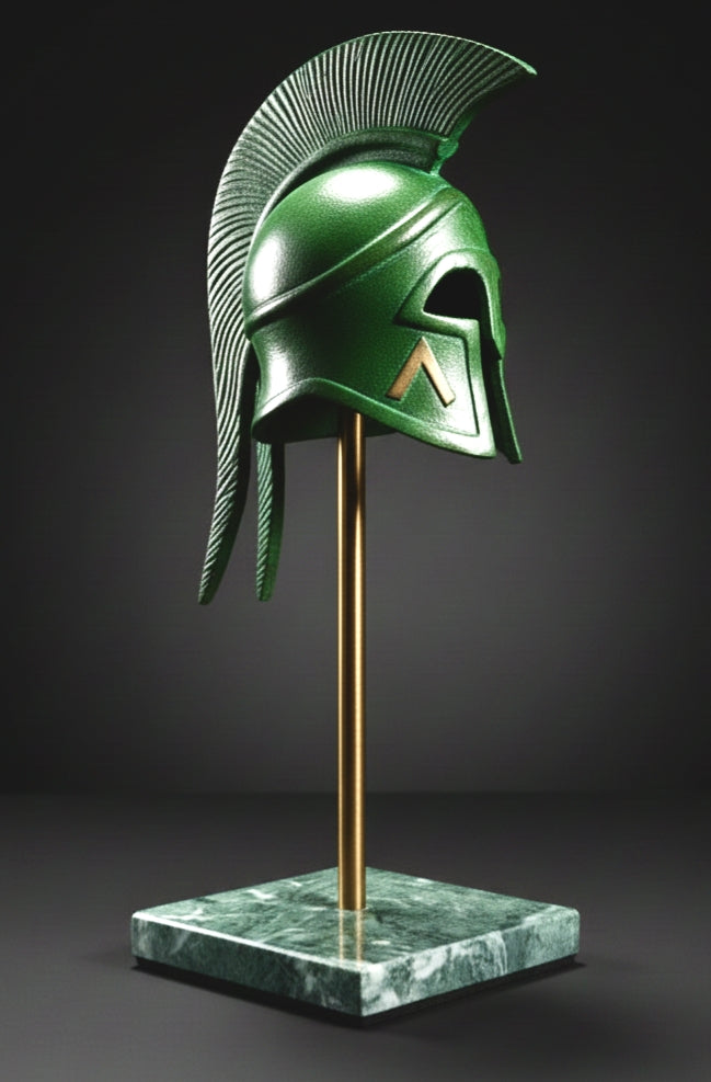 Greek Helmet Decor with Stand Brass Patina finish